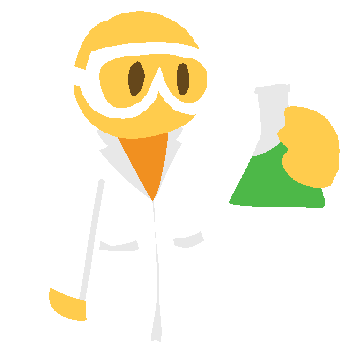 an emoji-yellow person holding up a flask of green liquid. they're wearing a lab coat and goggles